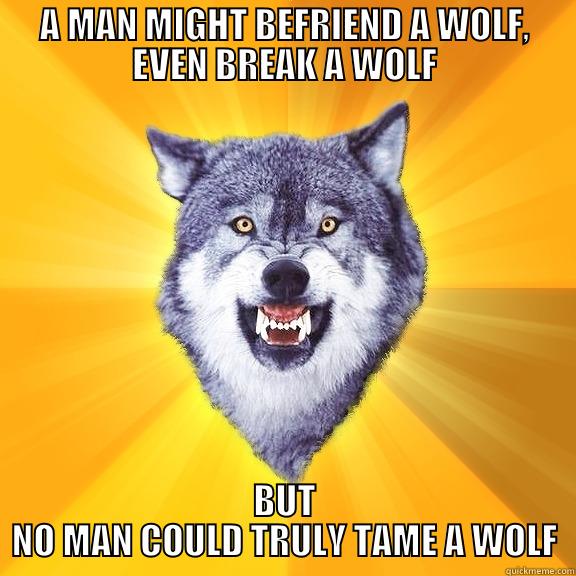 A MAN MIGHT BEFRIEND A WOLF, EVEN BREAK A WOLF BUT NO MAN COULD TRULY TAME A WOLF Courage Wolf