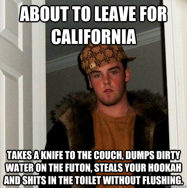 about to leave for california takes a knife to the couch, dumps dirty water on the futon, steals your hookah and shits in the toilet without flushing.  Scumbag Steve