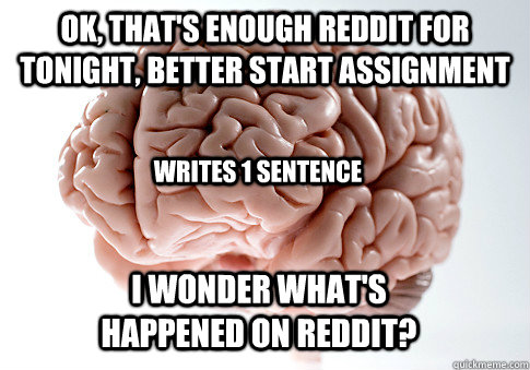 OK, that's enough reddit for tonight, Better start assignment I wonder what's happened on reddit? Writes 1 Sentence  Scumbag Brain