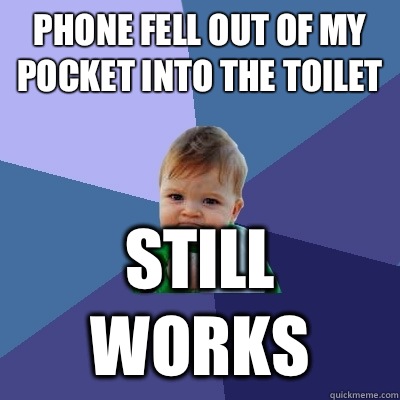 Phone fell out of my pocket into the toilet Still works  Success Kid