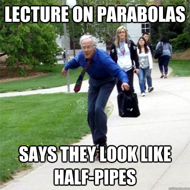 lecture on parabolas Says they look like half-pipes  Skating Prof