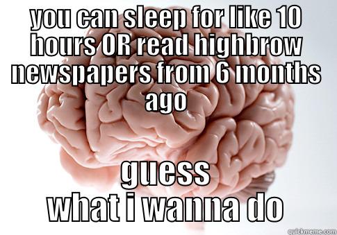 YOU CAN SLEEP FOR LIKE 10 HOURS OR READ HIGHBROW NEWSPAPERS FROM 6 MONTHS AGO GUESS WHAT I WANNA DO Scumbag Brain