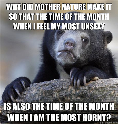 Why did mother nature make it so that the time of the month when I feel my most unsexy Is also the time of the month when I am the most horny?   Confession Bear