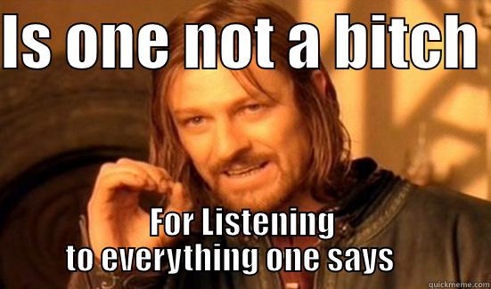 hahahaha for one - IS ONE NOT A BITCH  FOR LISTENING TO EVERYTHING ONE SAYS     Boromir