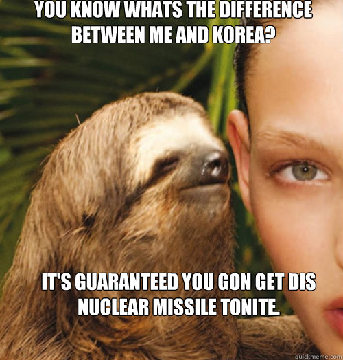 You know whats the difference between me and Korea?  It's guaranteed you gon get dis Nuclear missile tonite.  Whispering Sloth