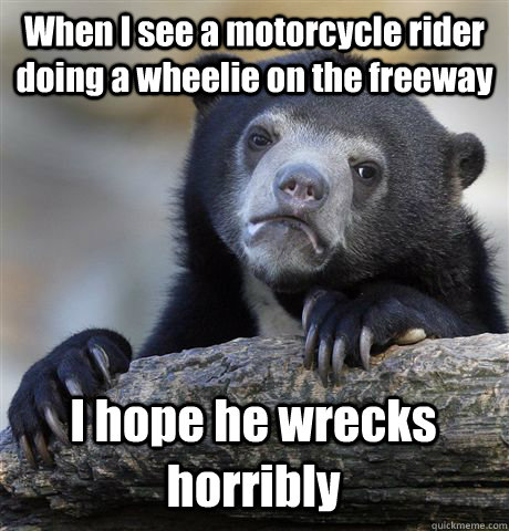 When I see a motorcycle rider doing a wheelie on the freeway I hope he wrecks horribly  Confession Bear