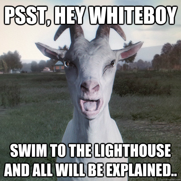 Psst, Hey Whiteboy Swim to the lighthouse and all will be explained..  