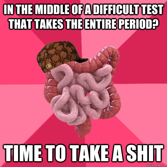 In the middle of a difficult test that takes the entire period? Time to take a shit  Scumbag Intestines