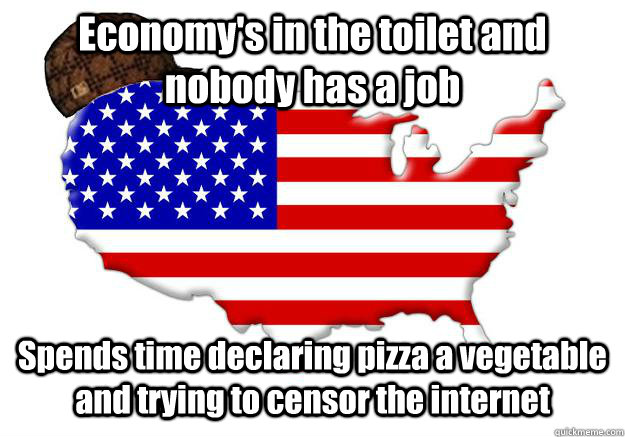 Economy's in the toilet and nobody has a job Spends time declaring pizza a vegetable and trying to censor the internet  Scumbag america