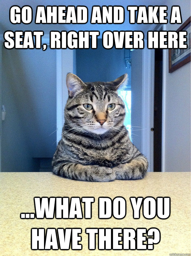 Go Ahead and take a seat, right over here ...What do you have there?  Chris Hansen Cat