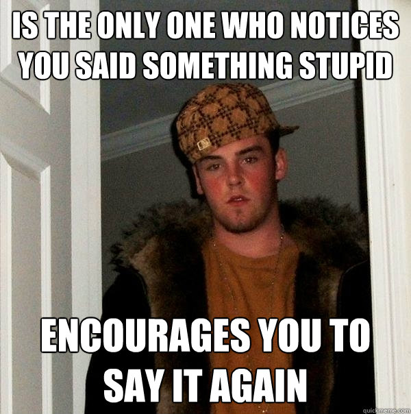 Is the only one who notices you said something stupid Encourages you to say it again  Scumbag Steve