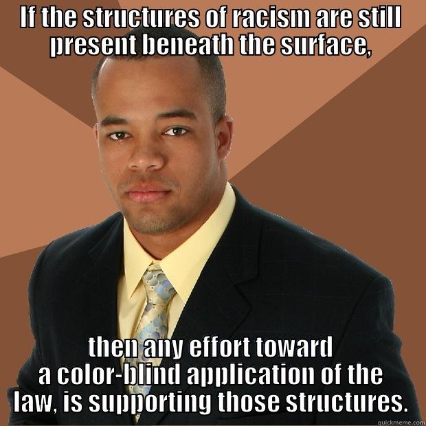 Haiku meme haikus  - IF THE STRUCTURES OF RACISM ARE STILL PRESENT BENEATH THE SURFACE, THEN ANY EFFORT TOWARD A COLOR-BLIND APPLICATION OF THE LAW, IS SUPPORTING THOSE STRUCTURES. Successful Black Man