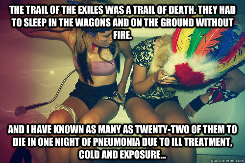 The trail of the exiles was a trail of death. They had to sleep in the wagons and on the ground without fire. And I have known as many as twenty-two of them to die in one night of pneumonia due to ill treatment, cold and exposure...  Primary Source Account Of The Trail Of Tears Hipster Headdress