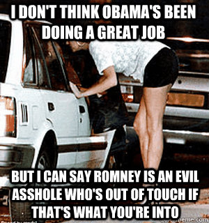 I don't think Obama's been doing a great job But I can say Romney is an evil asshole who's out of touch if that's what you're into  Karma Whore