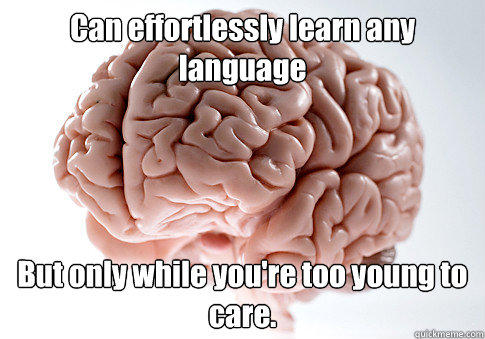 Can effortlessly learn any language But only while you're too young to care.  
