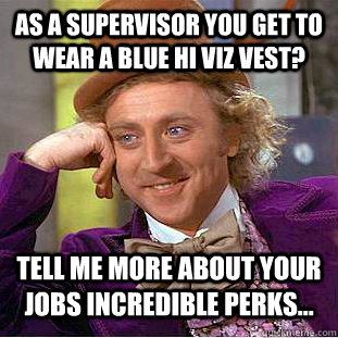 as a supervisor you get to wear a blue hi viz vest? tell me more about your jobs incredible perks... - as a supervisor you get to wear a blue hi viz vest? tell me more about your jobs incredible perks...  Condescending Wonka