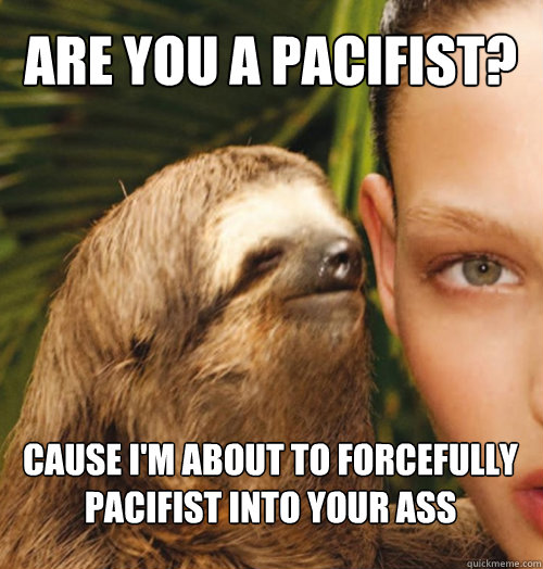 Are you a pacifist? Cause I'm about to forcefully pacifist into your ass  Whispering Sloth