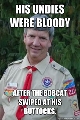 his undies were bloody after the bobcat swiped at his buttocks.  Harmless Scout Leader