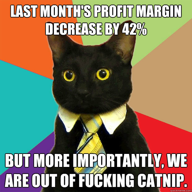 Last month's profit margin decrease by 42% But more importantly, we are out of fucking catnip.  Business Cat