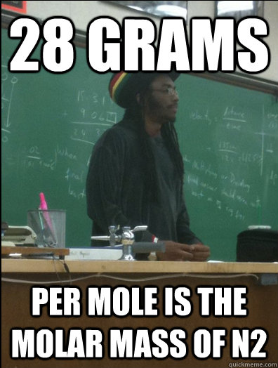 28 grams per mole is the molar mass of N2 - 28 grams per mole is the molar mass of N2  Rasta Science Teacher