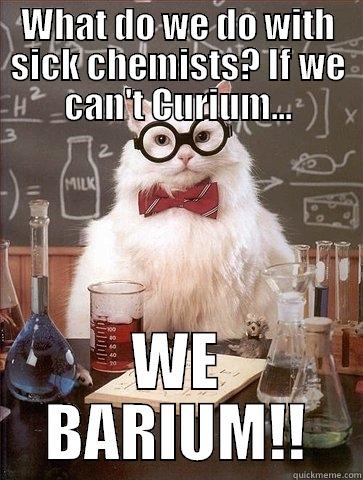 WHAT DO WE DO WITH SICK CHEMISTS? IF WE CAN'T CURIUM... WE BARIUM!! Chemistry Cat