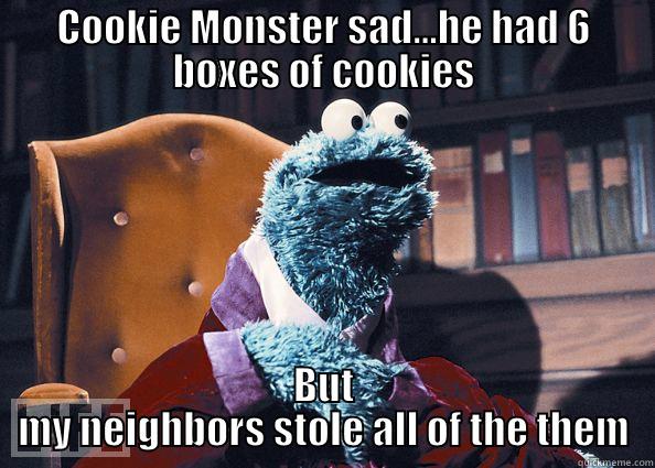 COOKIE MONSTER SAD...HE HAD 6 BOXES OF COOKIES BUT MY NEIGHBORS STOLE ALL OF THE THEM Cookie Monster