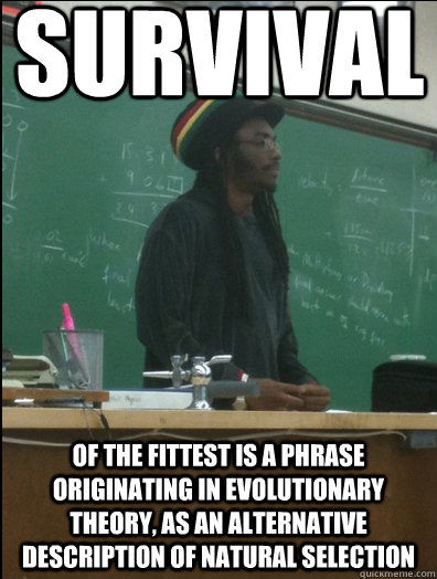 Survival of the Fittest is a phrase originating in evolutionary theory, as an alternative description of Natural selection  Rasta Science Teacher