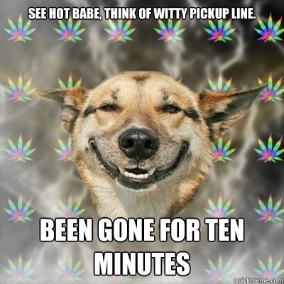 See hot babe, think of witty pickup line. Been gone for ten minutes  Stoner Dog