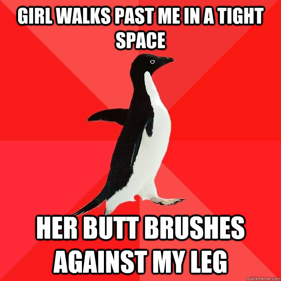 girl walks past me in a tight space her butt brushes against my leg  Socially Awesome Penguin