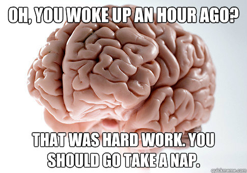 Oh, you woke up an hour ago? That was hard work. You should go take a nap.  Scumbag Brain