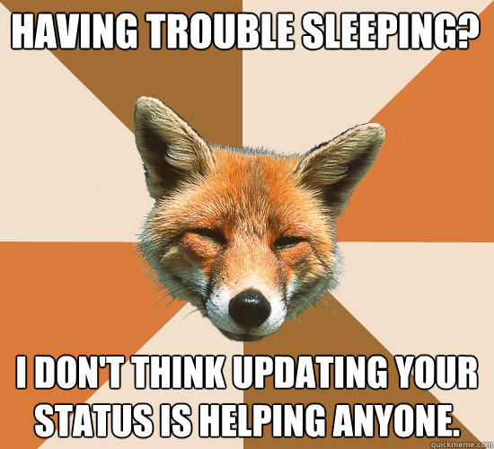 Having trouble sleeping? I don't think updating your status is helping anyone.  Condescending Fox