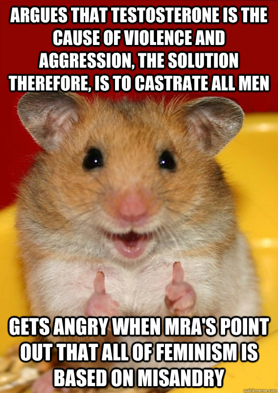 argues that testosterone is the cause of violence and aggression, the solution therefore, is to castrate all men gets angry when MRA's point out that all of feminism is based on misandry    Rationalization Hamster