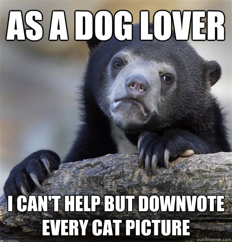 As a dog lover I can't help but downvote every cat picture  Confession Bear