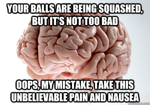 your balls are being squashed, but it's not too bad oops, my mistake, take this unbelievable pain and nausea - your balls are being squashed, but it's not too bad oops, my mistake, take this unbelievable pain and nausea  Scumbag Brain