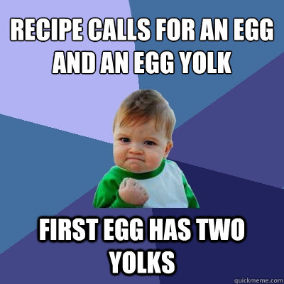 recipe calls for an egg and an egg yolk  first egg has two yolks  Success Kid