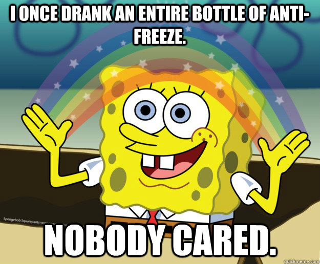 I once drank an entire bottle of anti-freeze. Nobody cared.  - I once drank an entire bottle of anti-freeze. Nobody cared.   Nobody Cares