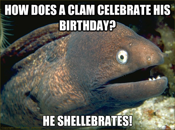 How does a clam celebrate his birthday? He shellebrates!  Bad Joke Eel