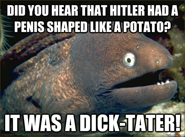 did you hear that hitler had a penis shaped like a potato? it was a dick-tater!  Bad Joke Eel