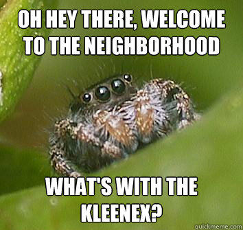 oh hey there, welcome to the neighborhood what's with the kleenex?  