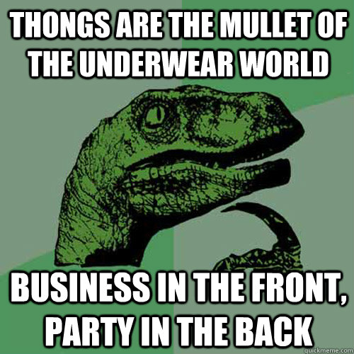 Thongs are the mullet of the underwear world business in the front, party in the back  Philosoraptor