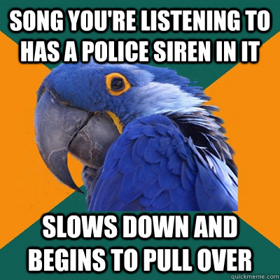 Song you're listening to has a police siren in it slows down and begins to pull over  Paranoid Parrot