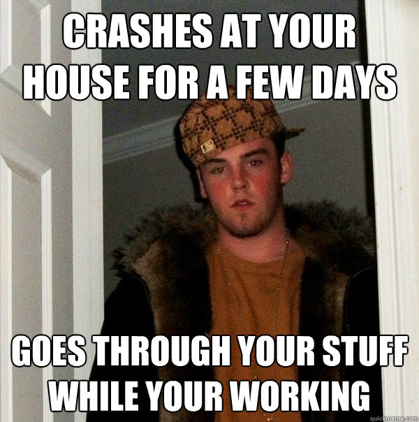 crashes at your house for a few days Goes through your stuff while your working  Scumbag Steve