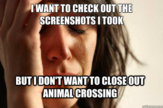 I want to check out the screenshots I took but i don't want to close out  animal crossing  First World Problems