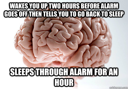 Wakes you up two hours before alarm goes off then tells you to go back to sleep Sleeps through alarm for an hour  Scumbag Brain