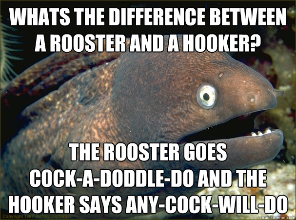 whats the difference between a rooster and a hooker? the rooster goes 
cock-a-doddle-do and the hooker says ANY-COCK-WILL-DO  Bad Joke Eel