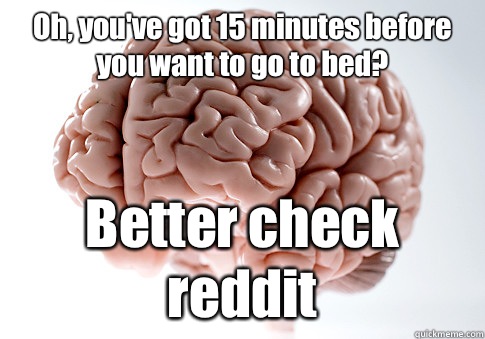 Oh, you've got 15 minutes before you want to go to bed? Better check reddit   Scumbag Brain