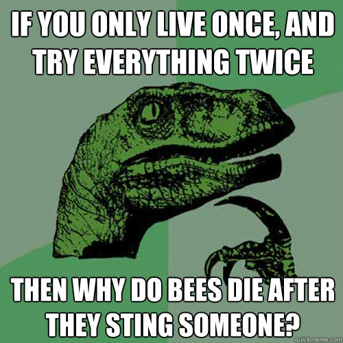 if you only live once, and try everything twice then why do bees die after they sting someone? - if you only live once, and try everything twice then why do bees die after they sting someone?  Philosoraptor