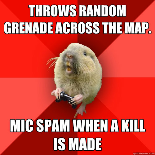 Throws random grenade across the map. Mic spam when a kill is made  Gaming Gopher