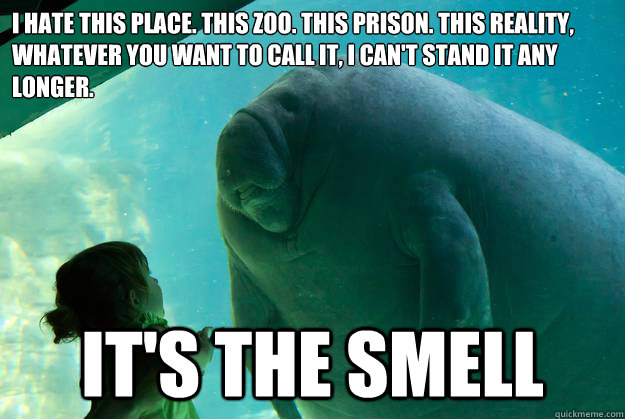 I hate this place. This zoo. This prison. This reality, whatever you want to call it, I can't stand it any longer. IT'S THE SMELL - I hate this place. This zoo. This prison. This reality, whatever you want to call it, I can't stand it any longer. IT'S THE SMELL  Overlord Manatee