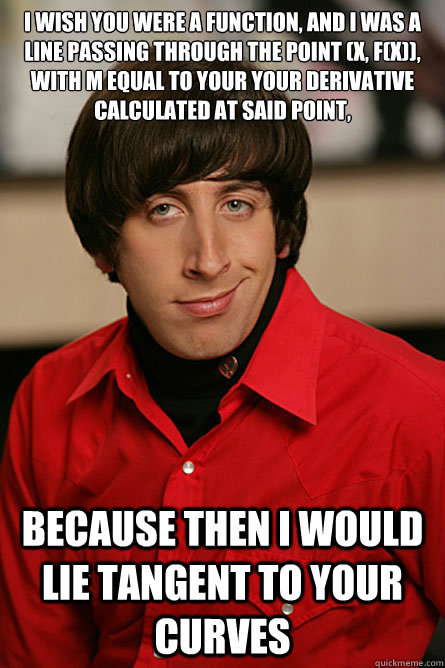 I wish you were a function, and I was a line passing through the point (x, f(x)), with m equal to your your derivative calculated at said point, because then I would lie tangent to your curves  Pickup Line Scientist